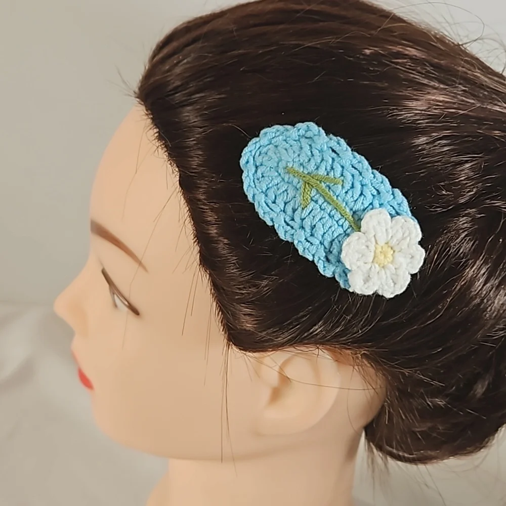 Hand Crafted Hand Knit Crochet Snap Hair Clip Blue with White Flower Boho Style